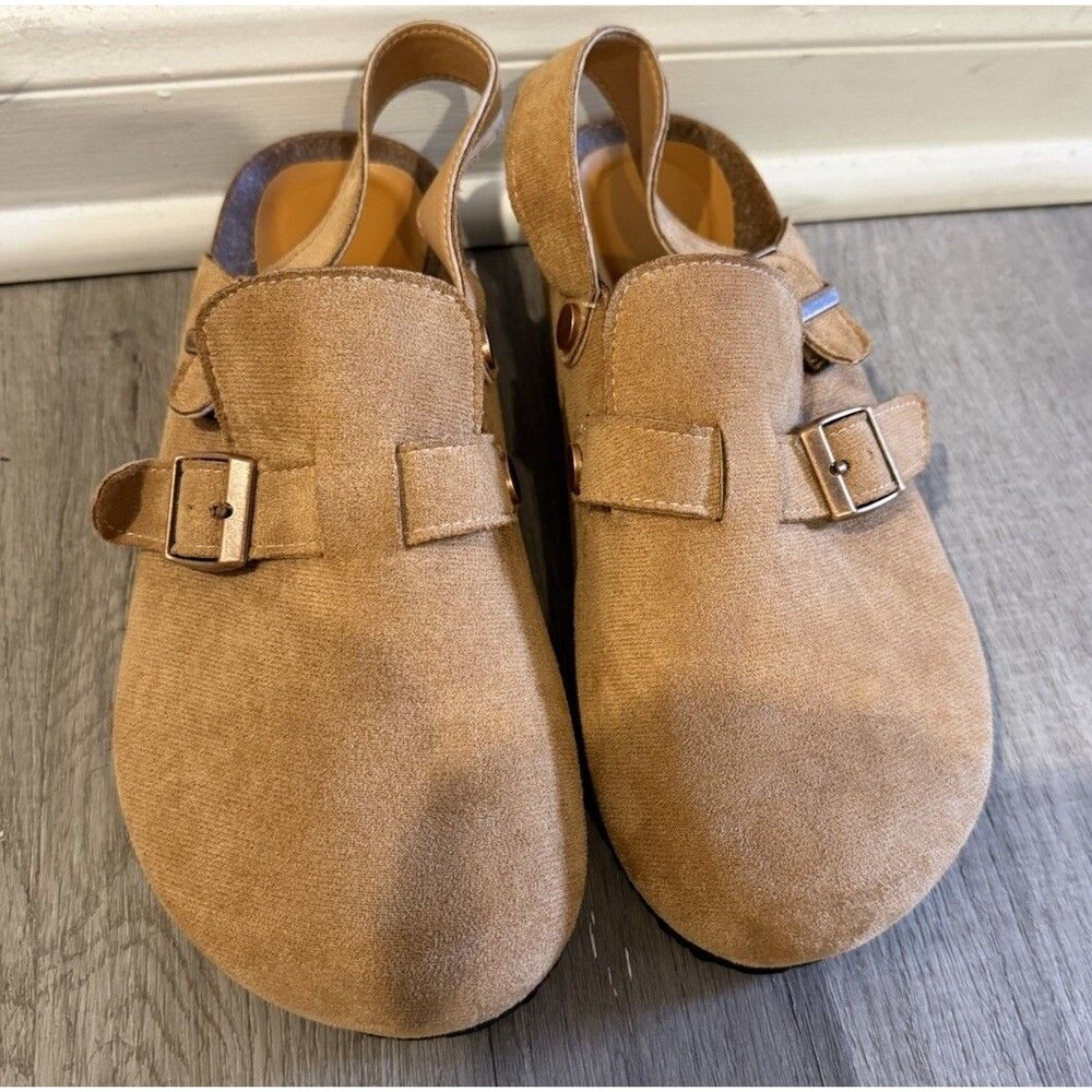 tan faux-suede clogs with adjustable buckled straps and a slingback Women 9.5